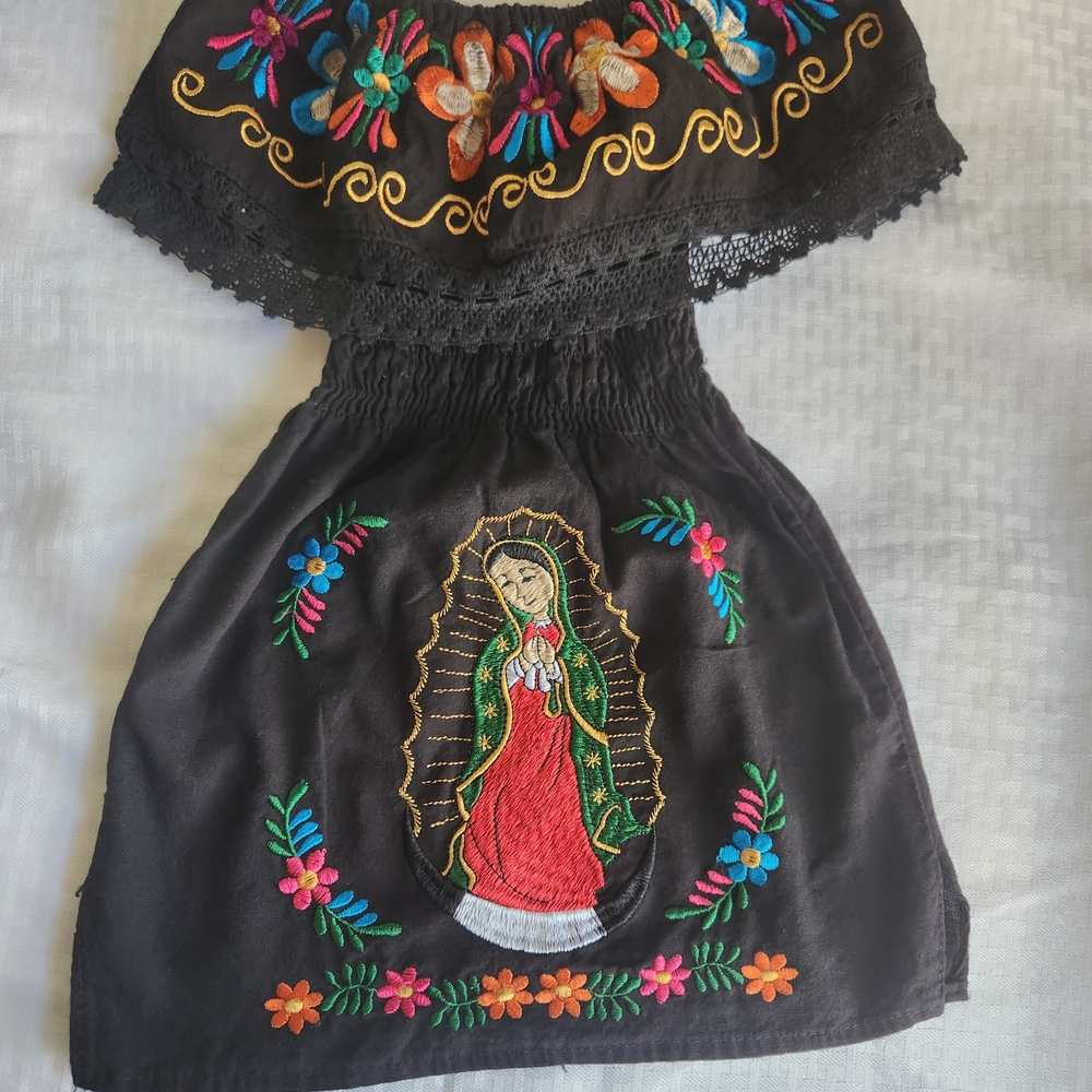 Kids Mexican Black Dress with Virgin Of Guadalupe Multicolor Embroidery. SKU F14